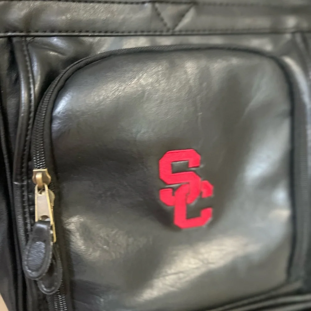 USC Logo Black Leather Briefcase Pocket Multi Compartments Portfolio Work Bag